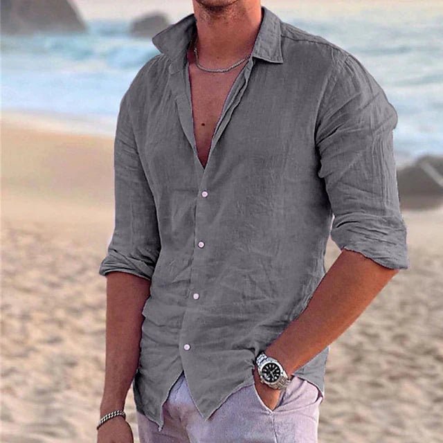 Blue men's button-down shirt, airy fabric, long sleeve, perfect for summer outings.