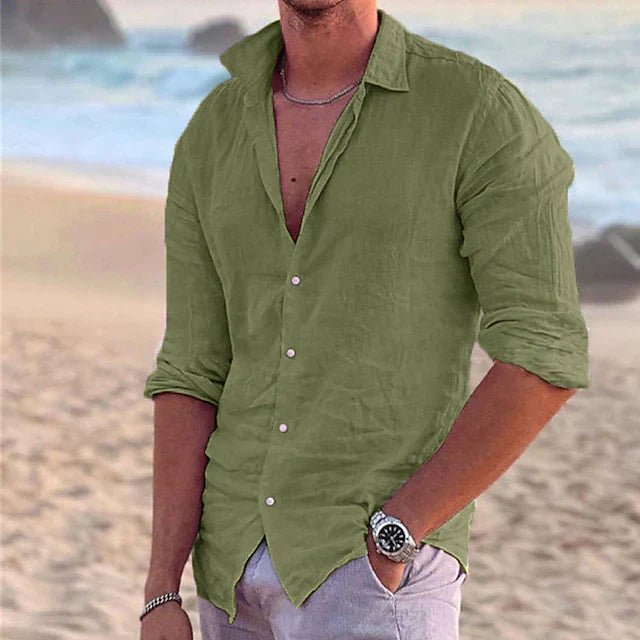 Effortless men's long-sleeve casual button-down shirt, ideal for warm weather and travel.
