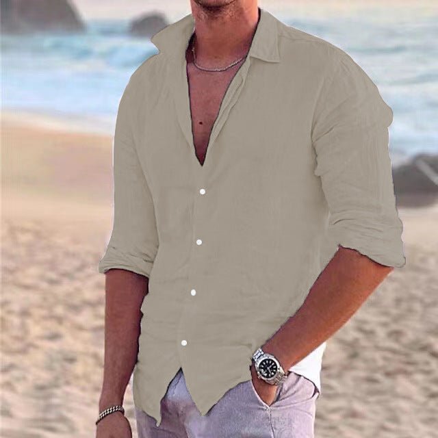 Airy men's long-sleeve button-down shirt, regular fit, styled for a relaxed summer vacation.