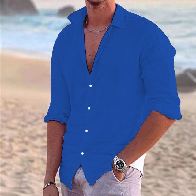 Men's fashionable long-sleeve airy button-down shirt, versatile for casual or travel wear.