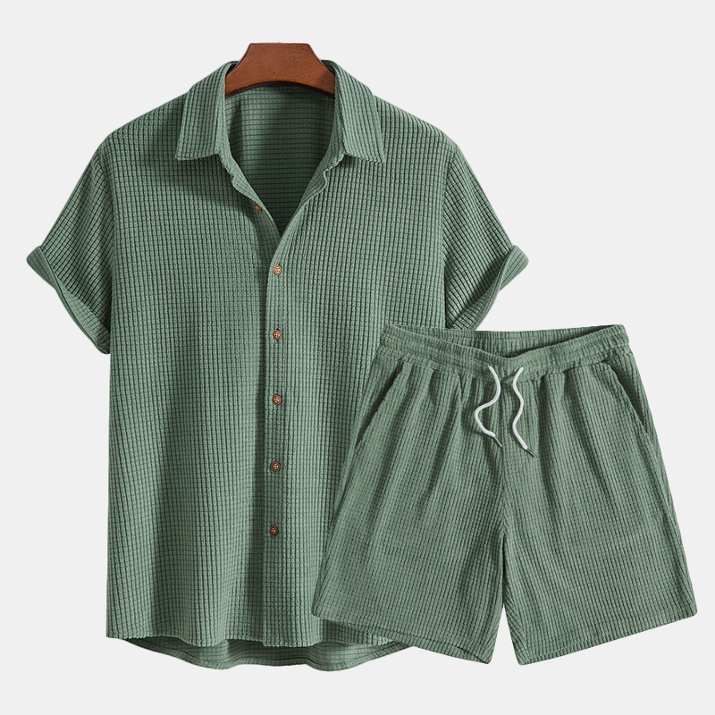 Men's Algarve two-piece waffle loungewear set, offering a relaxed fit for ultimate comfort at home.