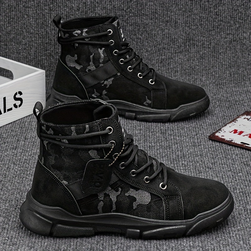Durable black camo tactical boots for men, offering robust all-terrain protection for outdoor and work use.