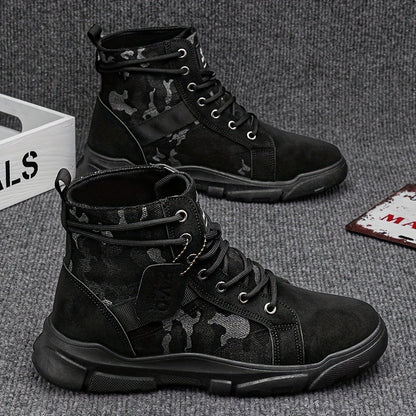 Durable black camo tactical boots for men, offering robust all-terrain protection for outdoor and work use.