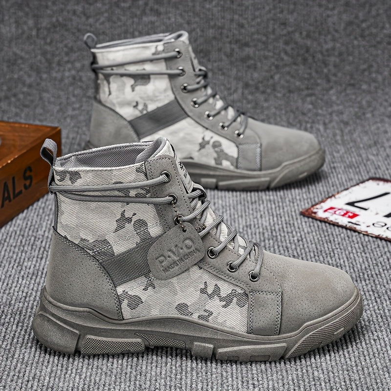 Gray camo men's tactical boots, all-terrain and durable, perfect for military or outdoor activities.