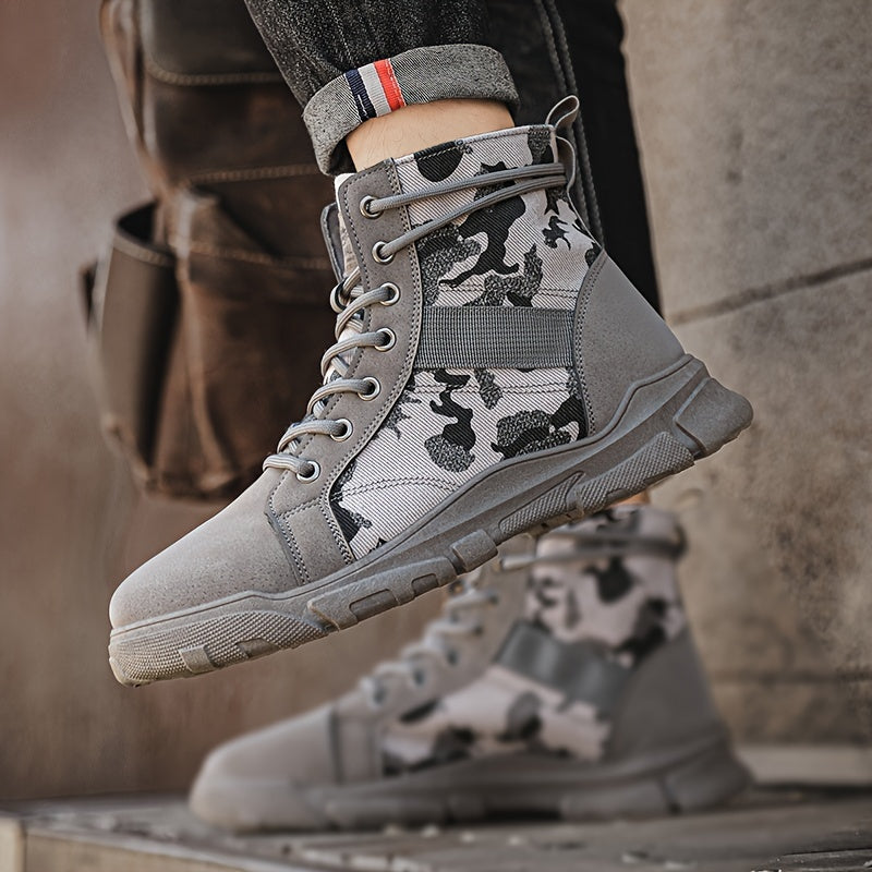 Khaki men's military tactical boots with ankle support, rugged all-terrain design for hiking.