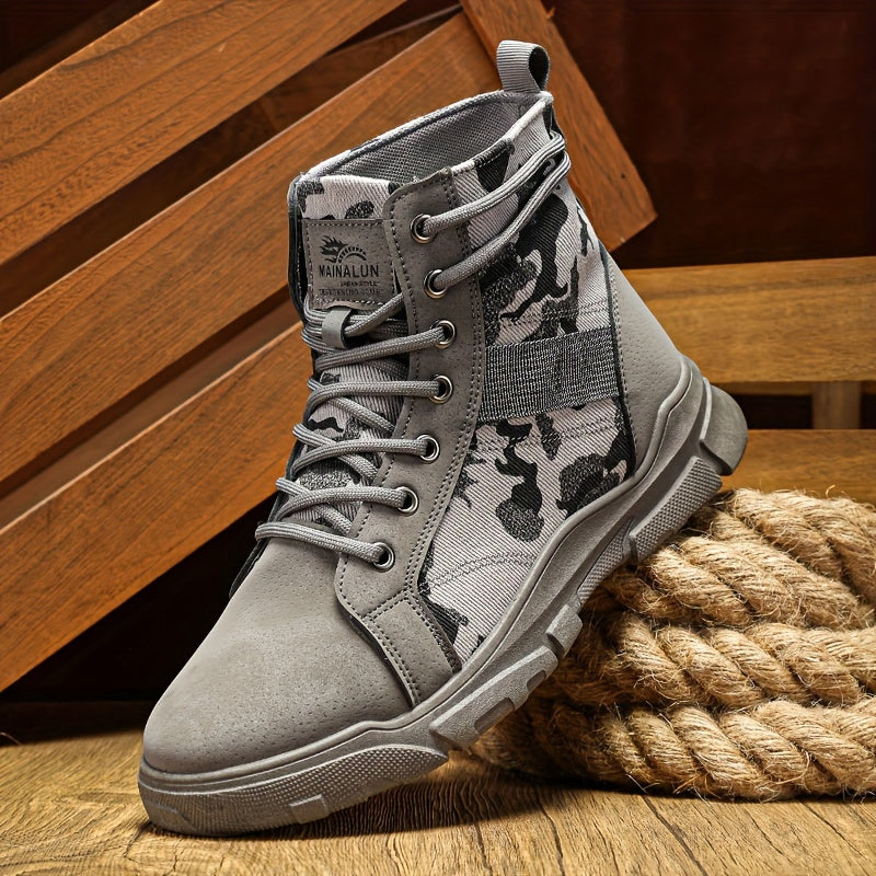 Durable men's all-terrain tactical boots in a sleek black camo print, great for work or outdoor adventures.
