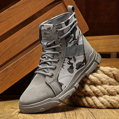 Durable men's all-terrain tactical boots in a sleek black camo print, great for work or outdoor adventures.