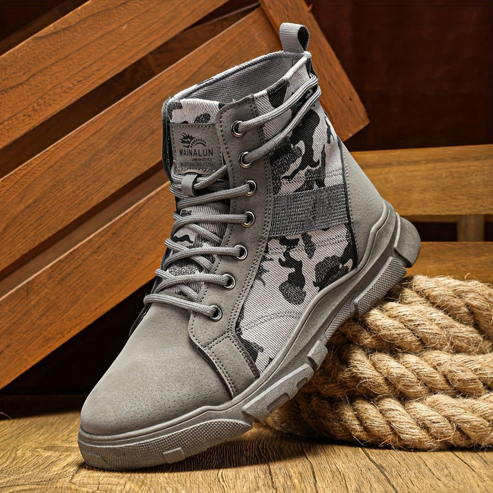 Durable men's all-terrain tactical boots in a sleek black camo print, great for work or outdoor adventures.