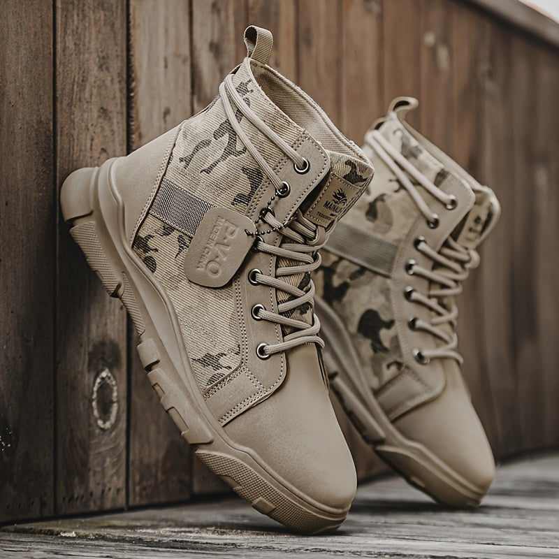 Rugged men's outdoor hiking boots featuring a versatile gray camo pattern, offering superior ankle support.