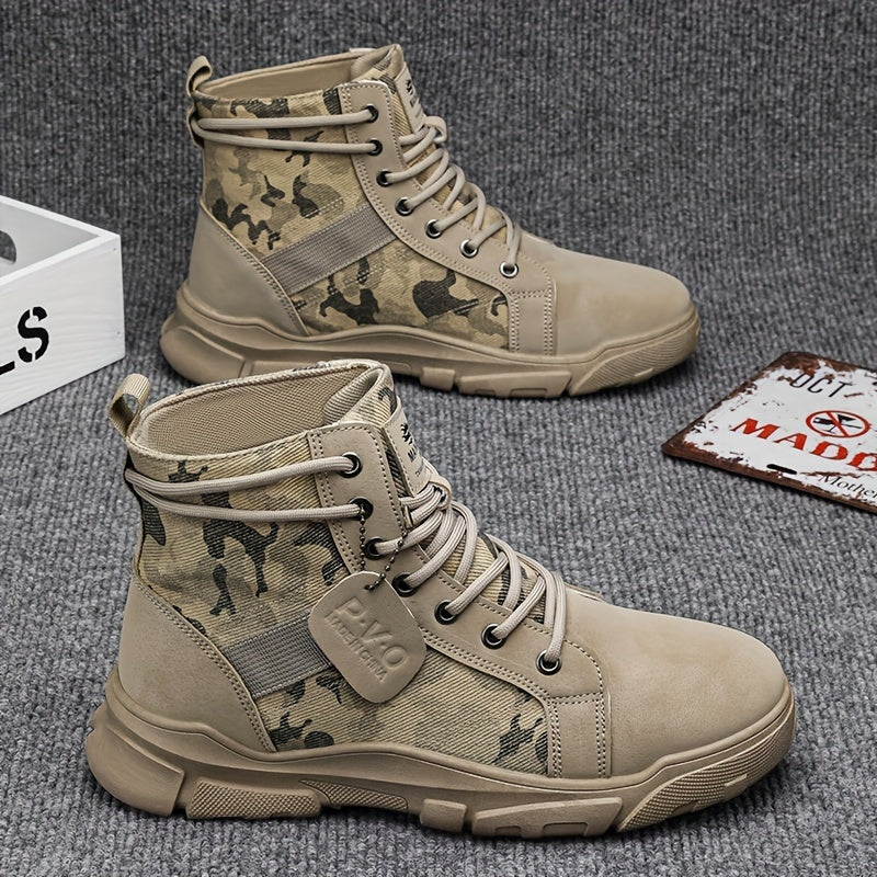 Men's tactical boots with advanced ankle support, an all-terrain khaki camo design for tough conditions.