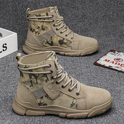 Men's tactical boots with advanced ankle support, an all-terrain khaki camo design for tough conditions.