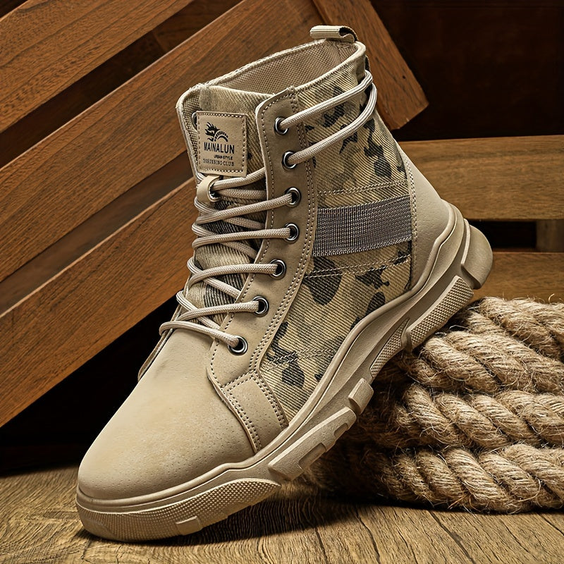 Stylish men's gray camo tactical boots, built for all-terrain performance and long-lasting durability.