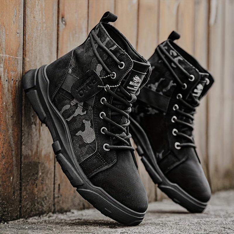 All-terrain men's tactical boots in khaki camo, engineered for maximum durability and outdoor protection.