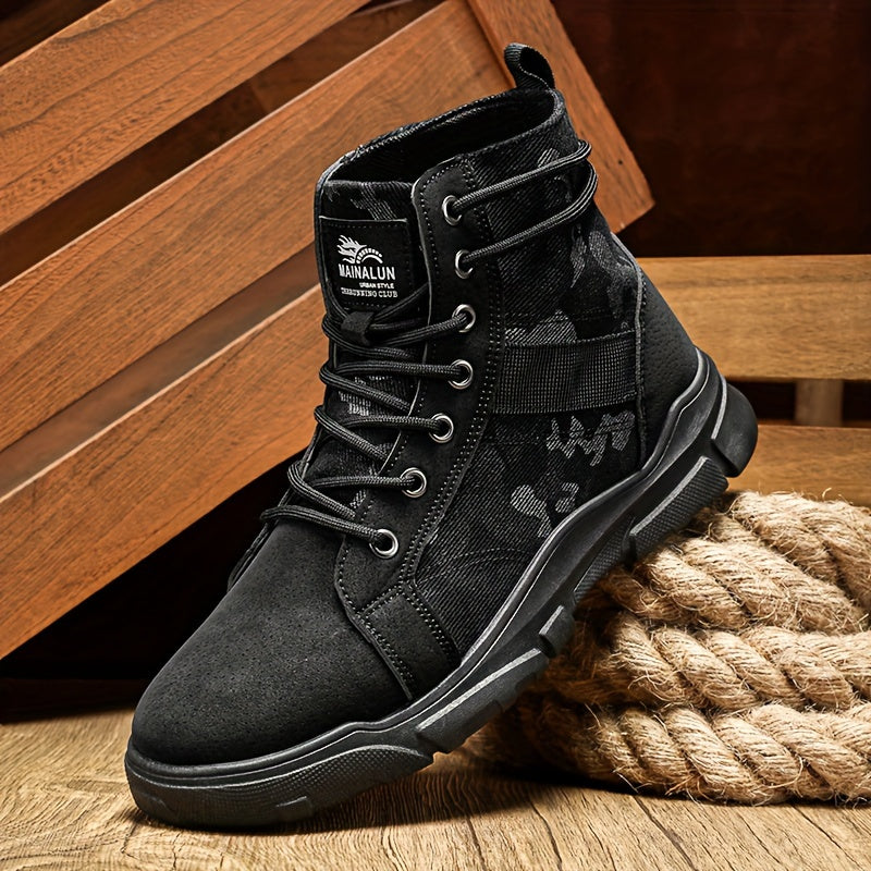 Men's rugged all-terrain tactical boots with a versatile black camo design, suitable for military & work.