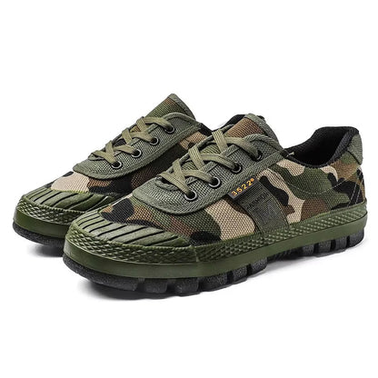 Durable men's tactical sneakers, all-terrain camo design, military style, perfect for outdoor & hiking.