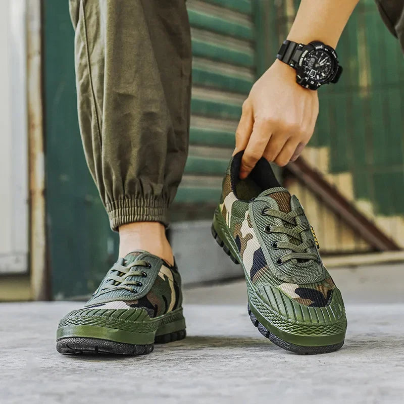 Comfortable men's athletic camo tactical sneakers for all-terrain utility, hiking, and active use.