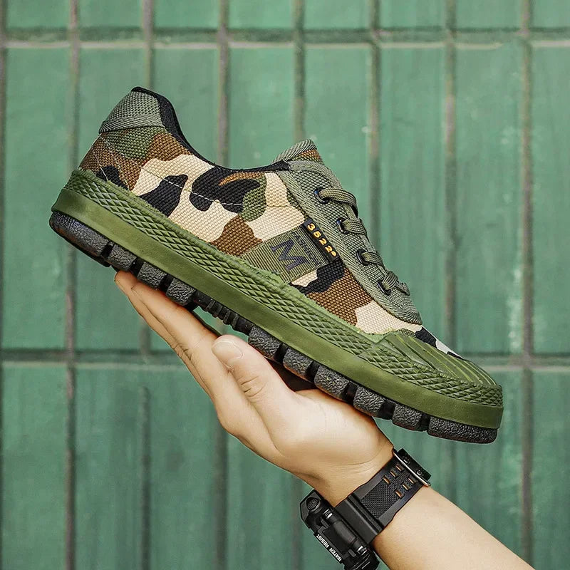 Outdoor men's camo tactical shoes, perfect for hiking, rough terrain, and active utility performance.