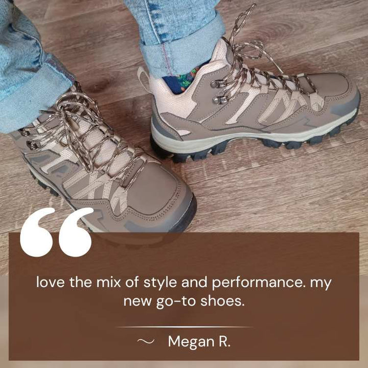 Pair of brown men's all-terrain hiking boots, side view, ready for any outdoor challenge