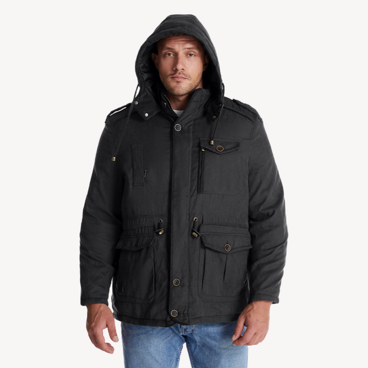 Men's all-weather hooded utility jacket. Zip-through parka for outdoor adventures.