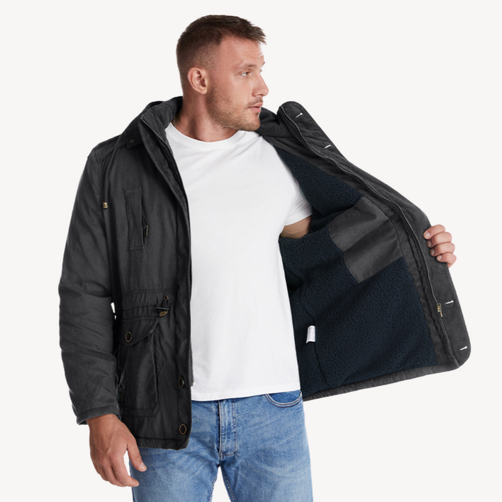 Casual men's hooded parka. Zip-through design, perfect fall/winter outerwear for daily wear.
