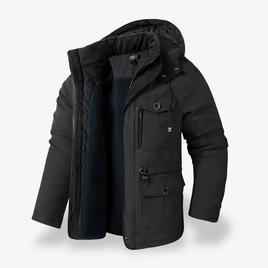 Durable men's utility jacket. Hooded, multi-pocket, and weatherproof for outdoor adventures.