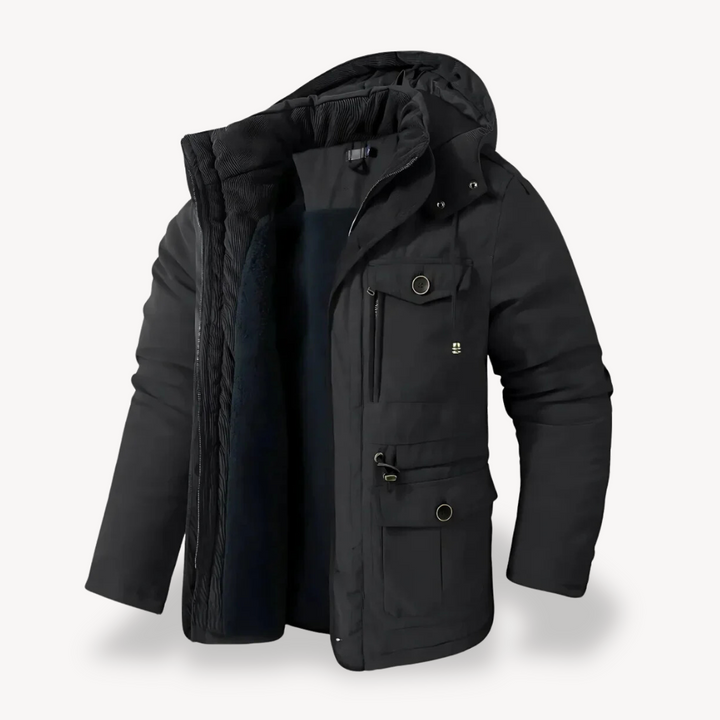 Durable men's utility jacket. Hooded, multi-pocket, and weatherproof for outdoor adventures.