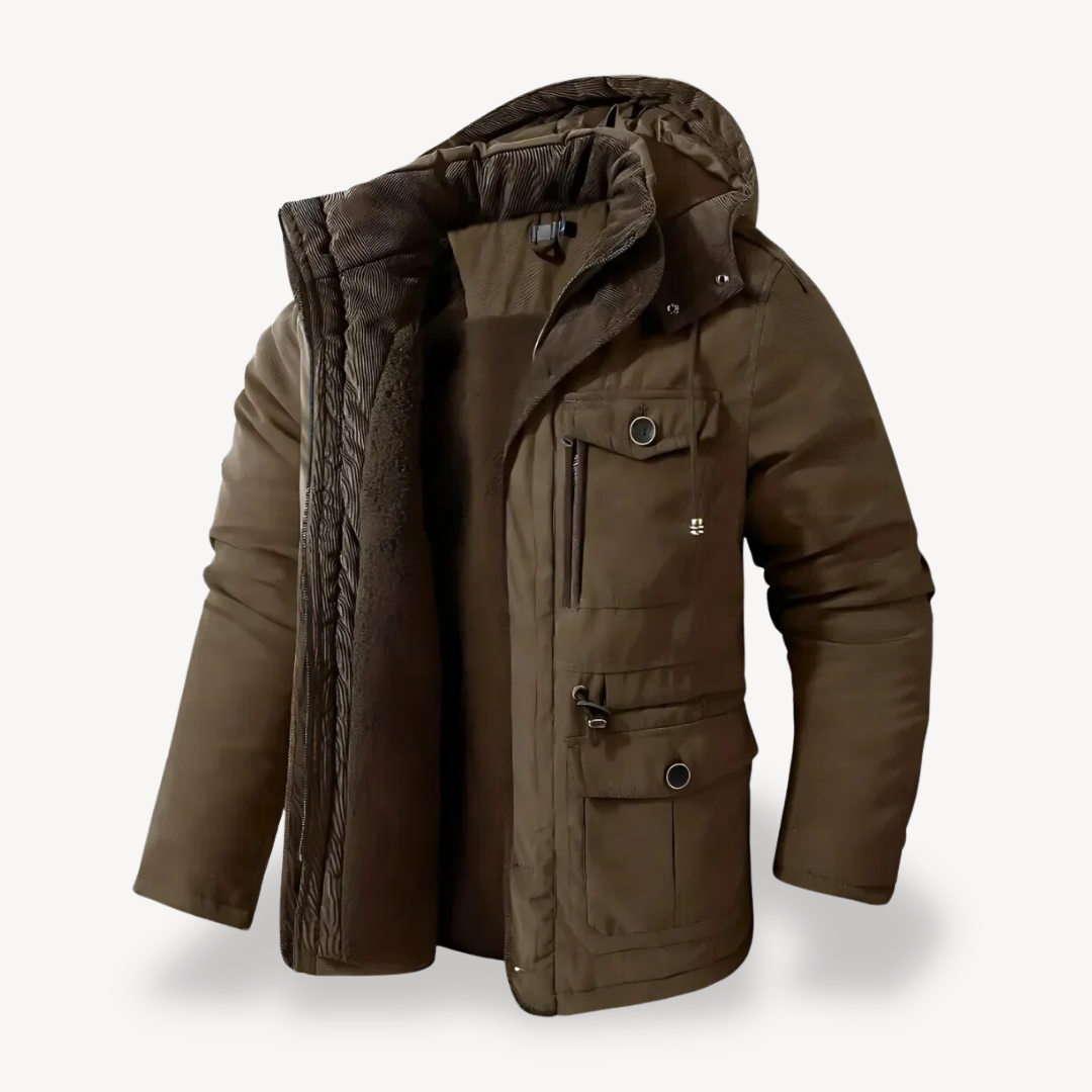 Stylish men's zip-through hooded parka. All-weather outerwear for fall & winter fashion.