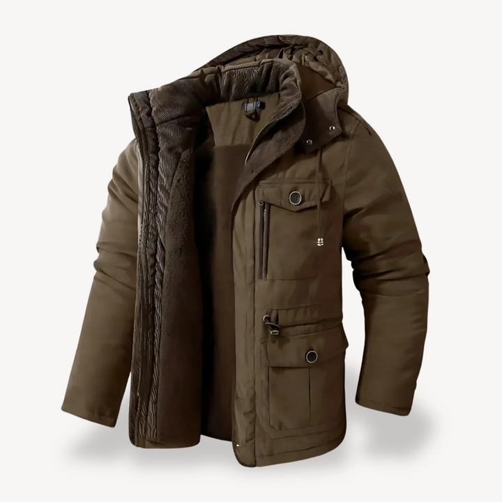 Stylish men's zip-through hooded parka. All-weather outerwear for fall & winter fashion.