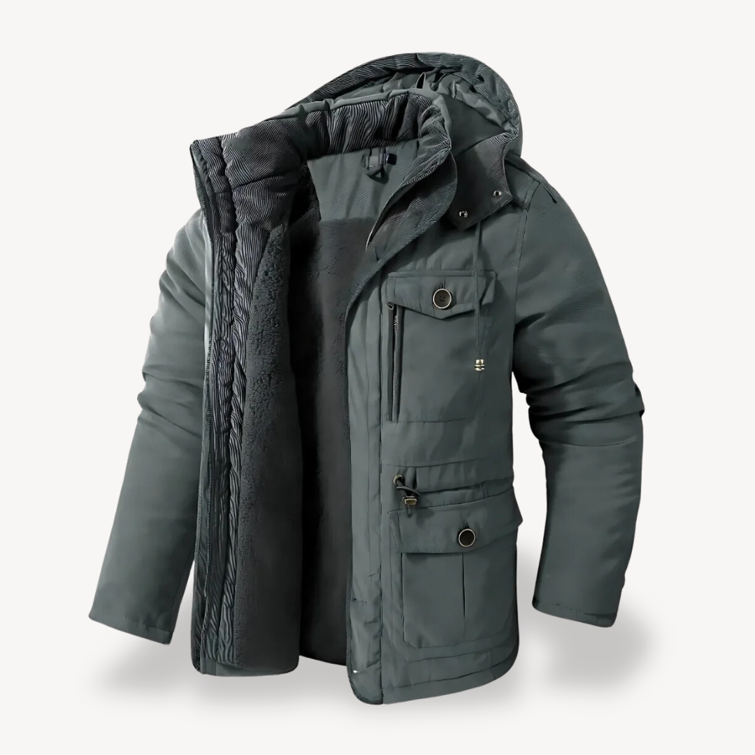 Functional men's hooded utility jacket. Weatherproof & multi-pocket for outdoor adventures.