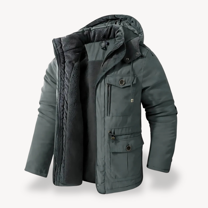 Functional men's hooded utility jacket. Weatherproof & multi-pocket for outdoor adventures.