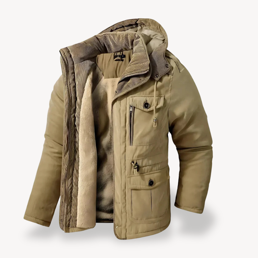 Outdoor men's hooded parka. Zip-through, all-weather utility jacket with multiple pockets.