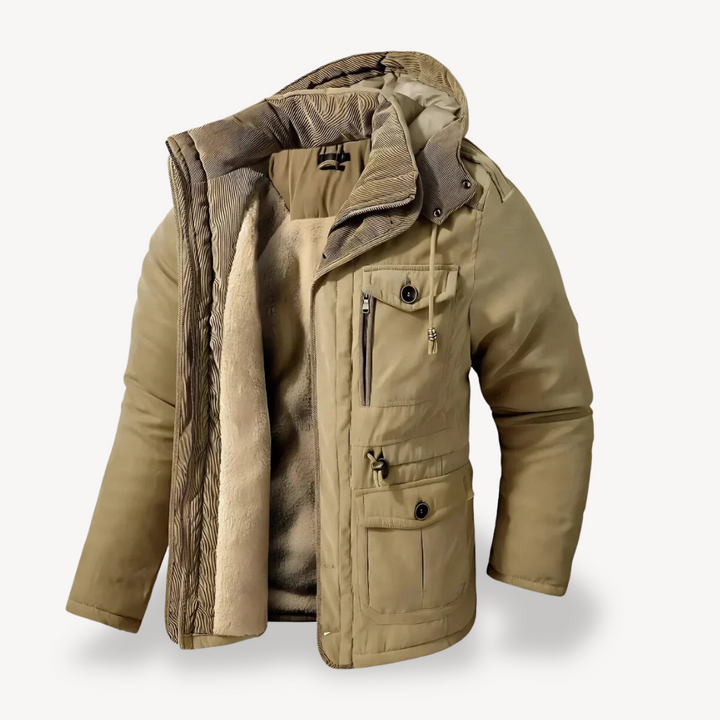 Outdoor men's hooded parka. Zip-through, all-weather utility jacket with multiple pockets.