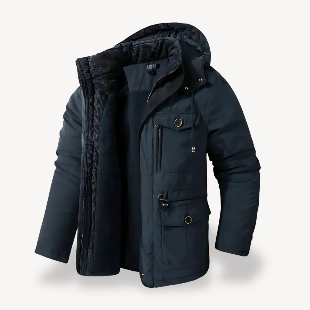 Modern men's winter coat. Hooded, utility-style, zip-through parka for cold weather.