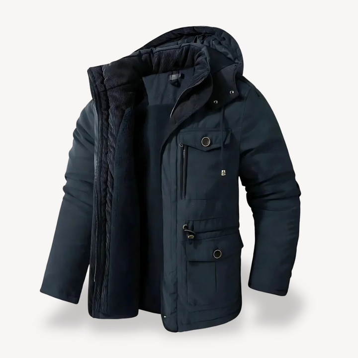 Modern men's winter coat. Hooded, utility-style, zip-through parka for cold weather.