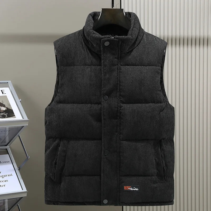 Men's fashion puffer vest with ribbed details, ideal for winter layering and style.