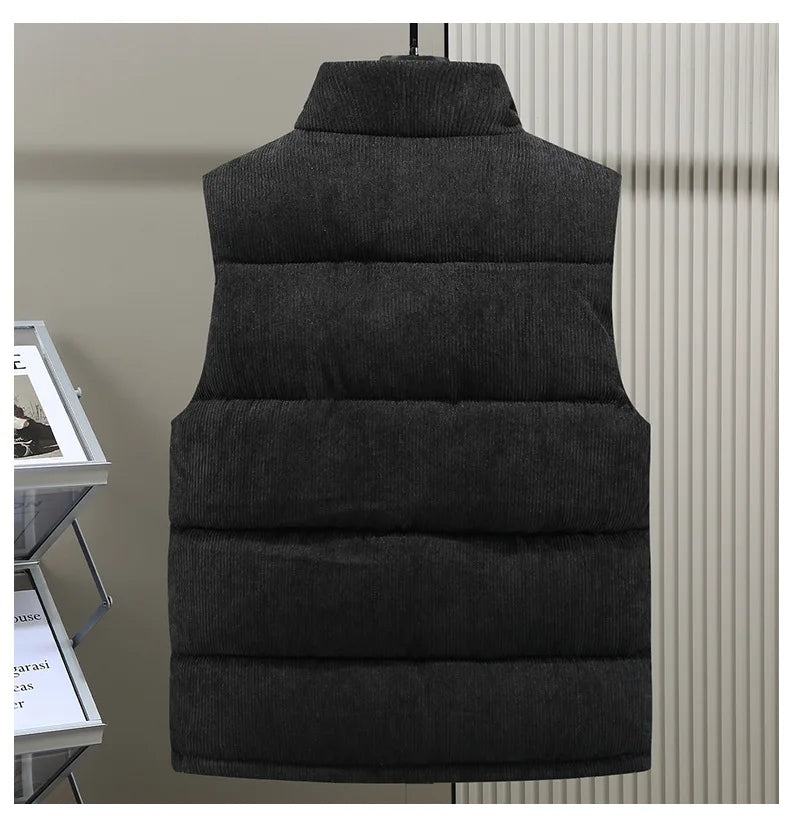 Black men's alpine puffer vest, a ribbed sleeveless jacket for modern outerwear.