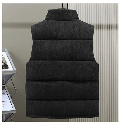 Black men's alpine puffer vest, a ribbed sleeveless jacket for modern outerwear.