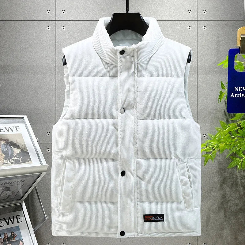 Casual men's ribbed puffer vest, excellent for layering and cold weather insulation.