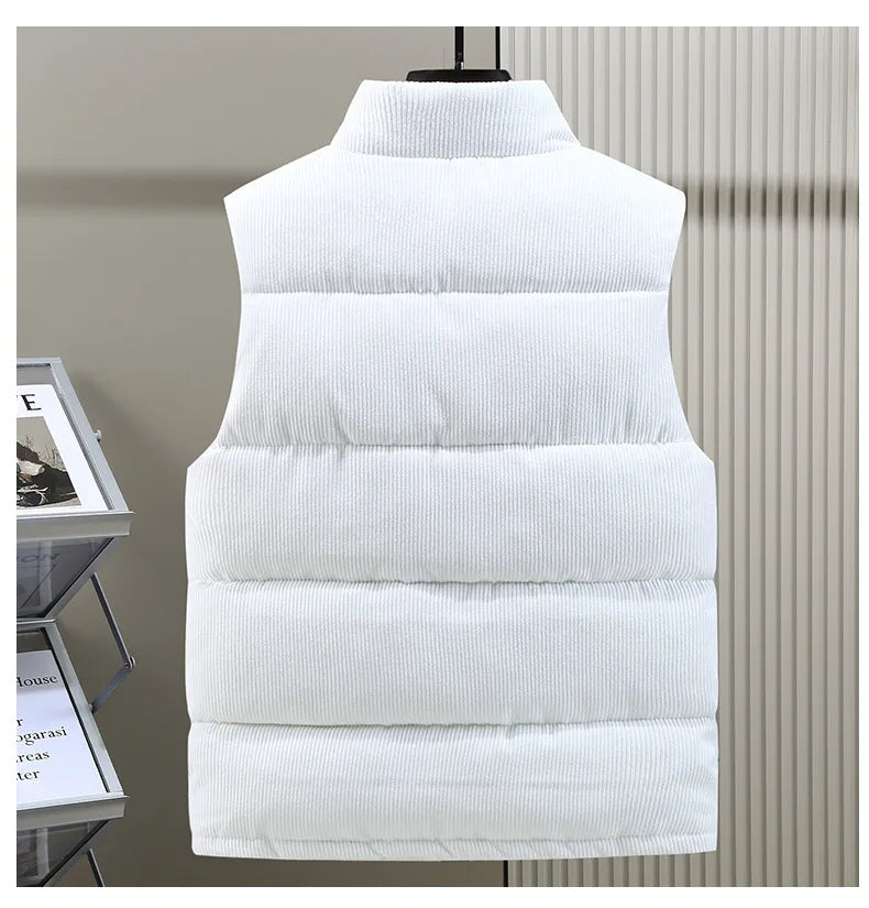 Modern men's alpine ribbed puffer vest, a key layering piece for winter fashion.