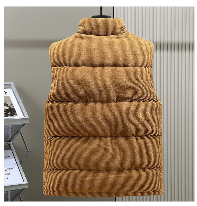 Men's ribbed puffer vest, a warm sleeveless jacket for versatile winter layering.
