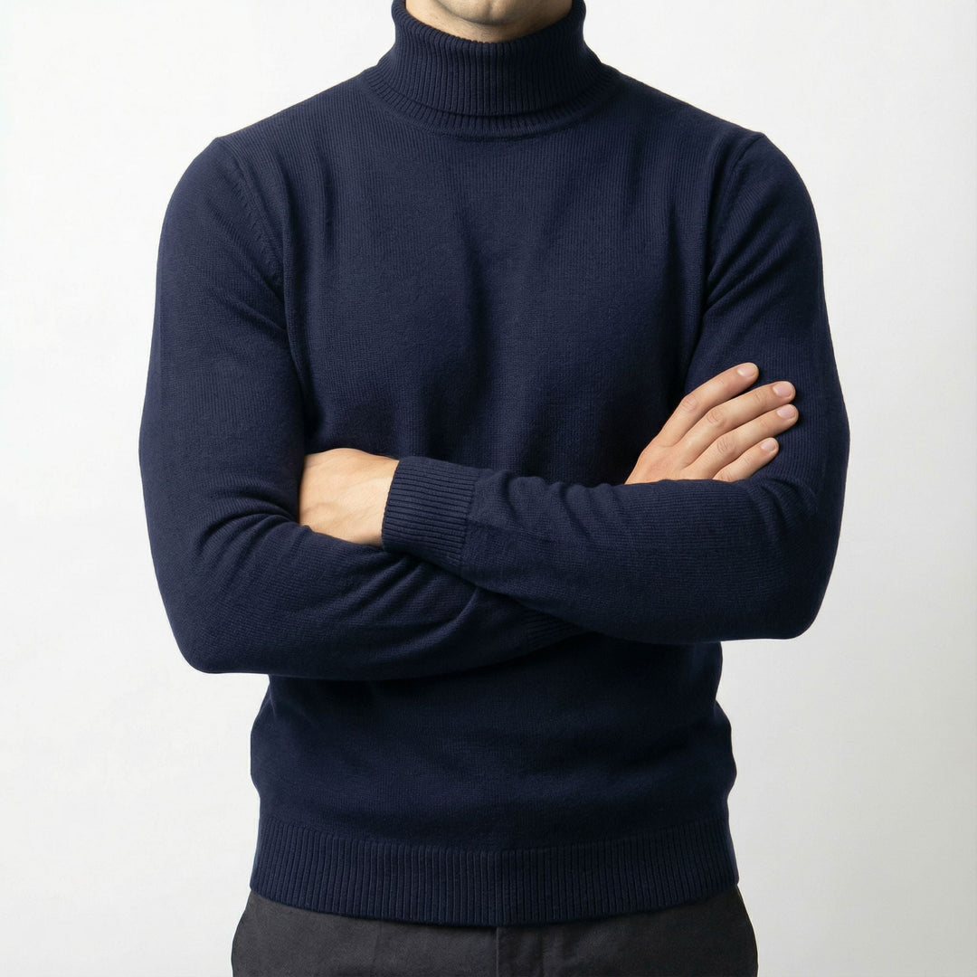 Detailed view of the collar on a men's alpine turtleneck sweater, highlighting its warmth and elegant design.