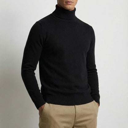 Close-up of a men's alpine turtleneck sweater, showcasing its cozy knit texture and elegant style.