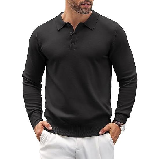Close-up of the Men's Altaro polo sweater showing its soft knit texture and collar detail. Versatile men's wear.