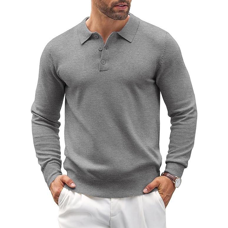 Man wearing a stylish Altaro long sleeve polo sweater, ideal for a sophisticated smart casual everyday look.