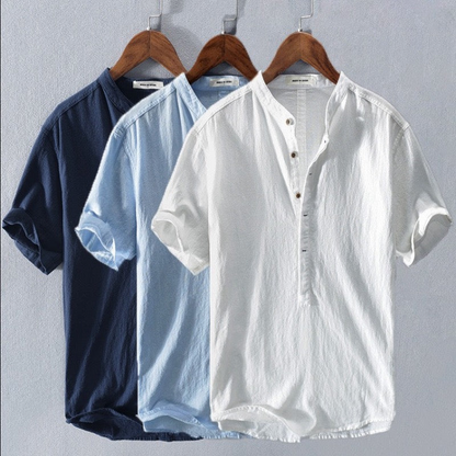 Lightweight men's short sleeve Henley shirt in Amalfi style for comfortable summer fashion and beach days.