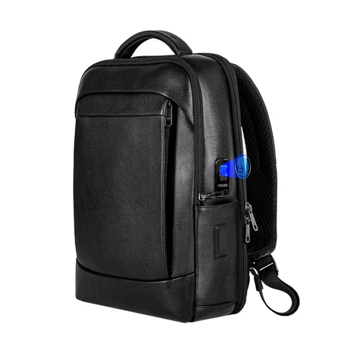 Men's anti-theft laptop backpack with fingerprint lock, large capacity for business travel & work.