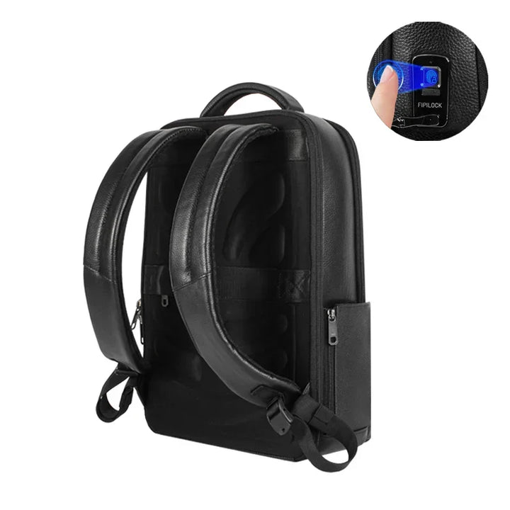 Durable men's anti-theft laptop backpack with advanced fingerprint lock, ideal for secure business travel.