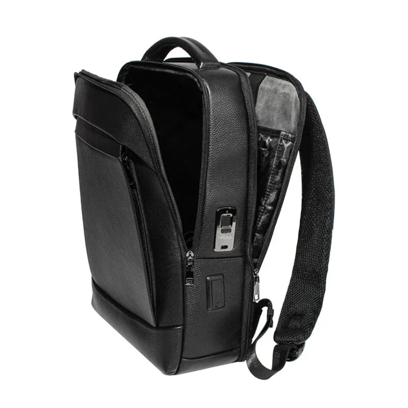 Stylish men's secure laptop backpack with fingerprint lock, anti-theft design, perfect for daily commute.