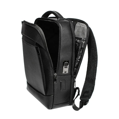 Stylish men's secure laptop backpack with fingerprint lock, anti-theft design, perfect for daily commute.
