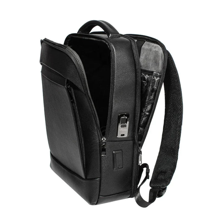 Stylish men's secure laptop backpack with fingerprint lock, anti-theft design, perfect for daily commute.